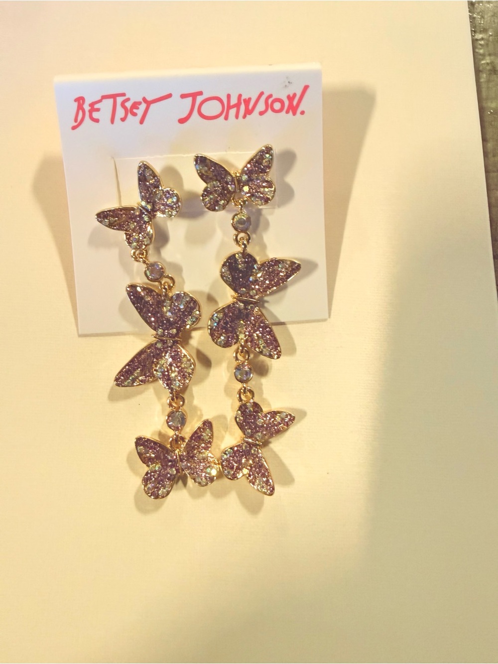Betsey Johnson Gold-Tone Purple Glitter Multi-Butterfly Dangle Earrings